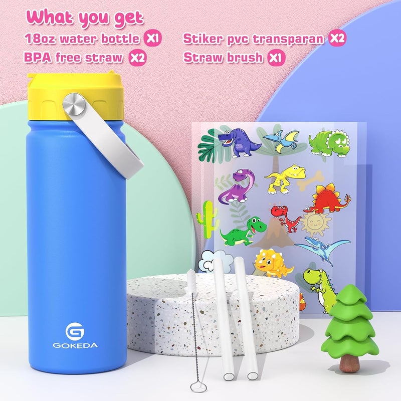 GOKEDA 18oz Kids Water Bottle, Insulated Water Bottles with Stickers, 18/8 Stainless Steel Vacuum Leak Proof Straw Cup for School, Gifts for Boys Girls(Yellow,Blue) - Image 2